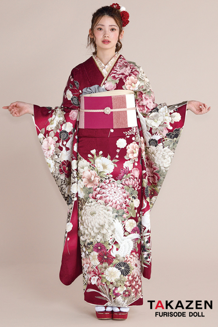 TAKAZENのレンタル振袖 最新作正統派古典　ワインレッド/エンジ　乱菊柄/鶴柄　綺麗　おめでたい柄　華やか　きれいめ　南琴奈【通販可】27034