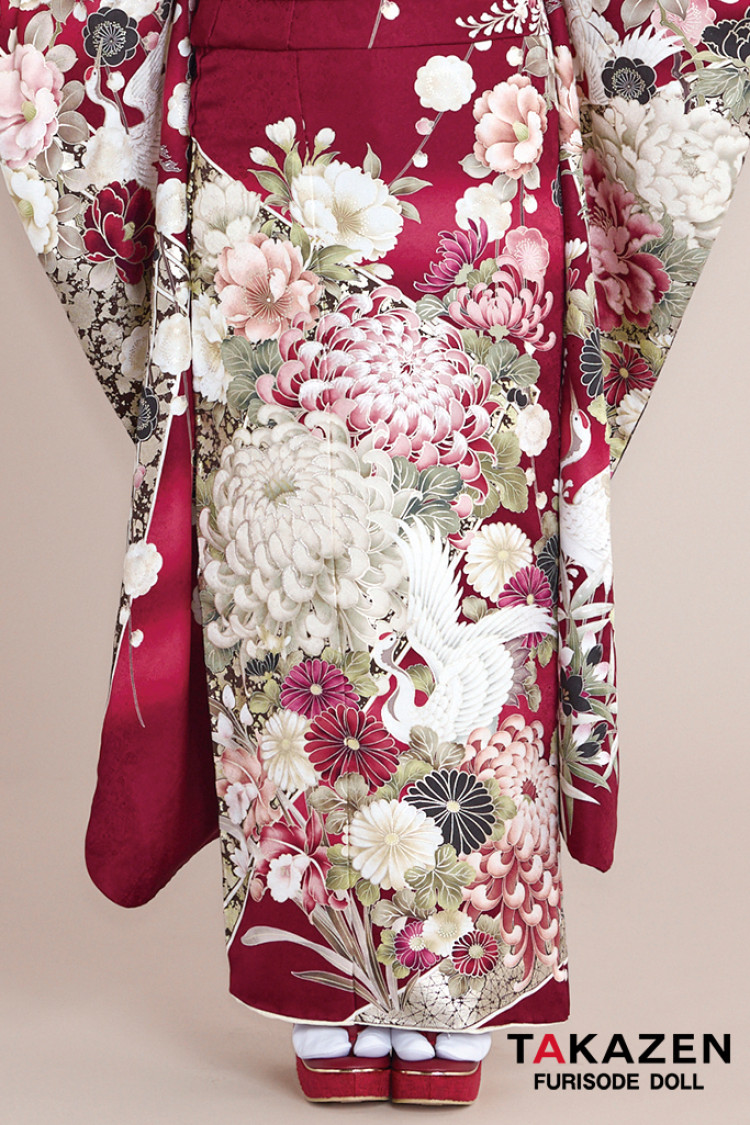 TAKAZENのレンタル振袖 最新作正統派古典　ワインレッド/エンジ　乱菊柄/鶴柄　綺麗　おめでたい柄　華やか　きれいめ　南琴奈【通販可】27034