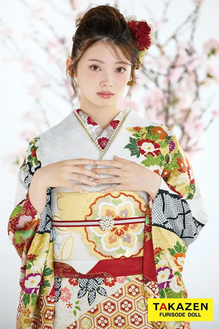 TAKAZENのレンタル振袖 最新作プレミアム古典　白赤　菊柄　吉澤織物『逸品』最高級染繍桶絞り友禅　綺麗　大人っぽい　華やか　上品　南琴奈【通販可】27035