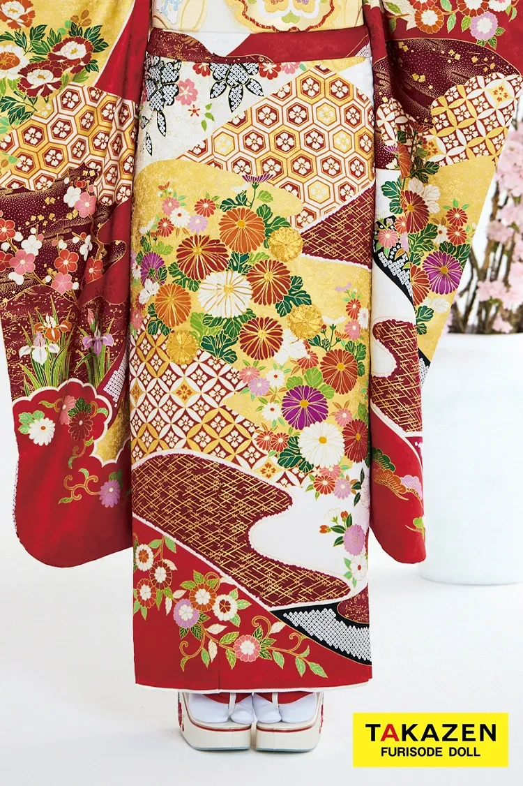 TAKAZENのレンタル振袖 最新作プレミアム古典　白赤　菊柄　吉澤織物『逸品』最高級染繍桶絞り友禅　綺麗　大人っぽい　華やか　上品　南琴奈【通販可】27035