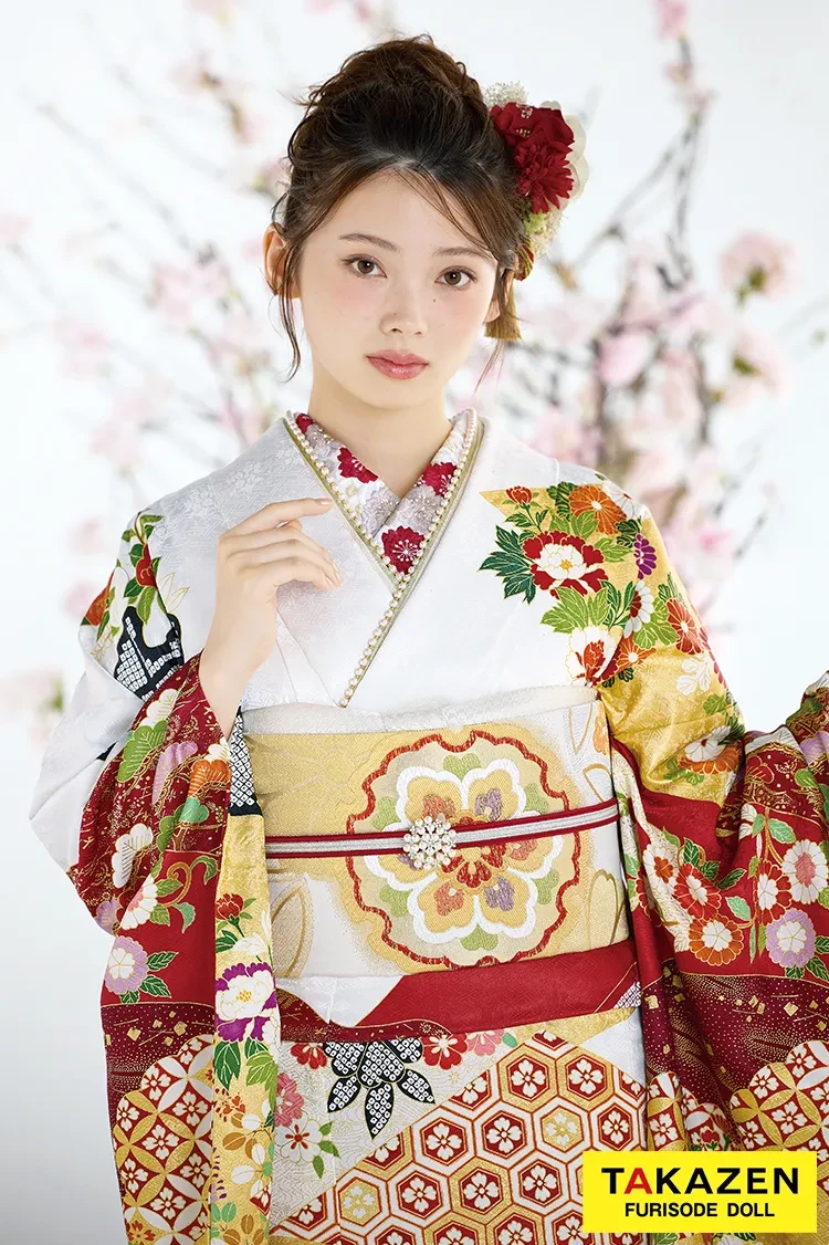 TAKAZENのレンタル振袖 最新作プレミアム古典　白赤　菊柄　吉澤織物『逸品』最高級染繍桶絞り友禅　綺麗　大人っぽい　華やか　上品　南琴奈【通販可】27035