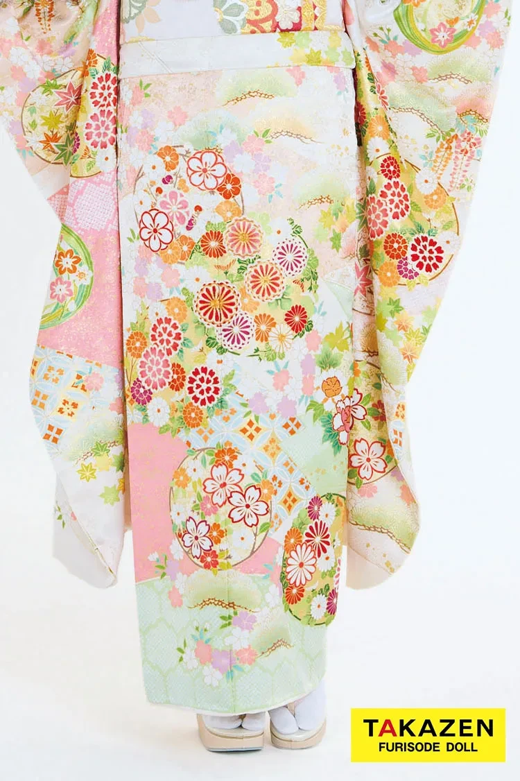 TAKAZENのレンタル振袖 最新作プレミアム古典 白ピンク/白地 菊柄/鹿の子模様 吉澤織物 文樂・人間国宝吉田蓑助の世界 かわいい 透明感のある振袖 上品 南琴奈【通販可】27037