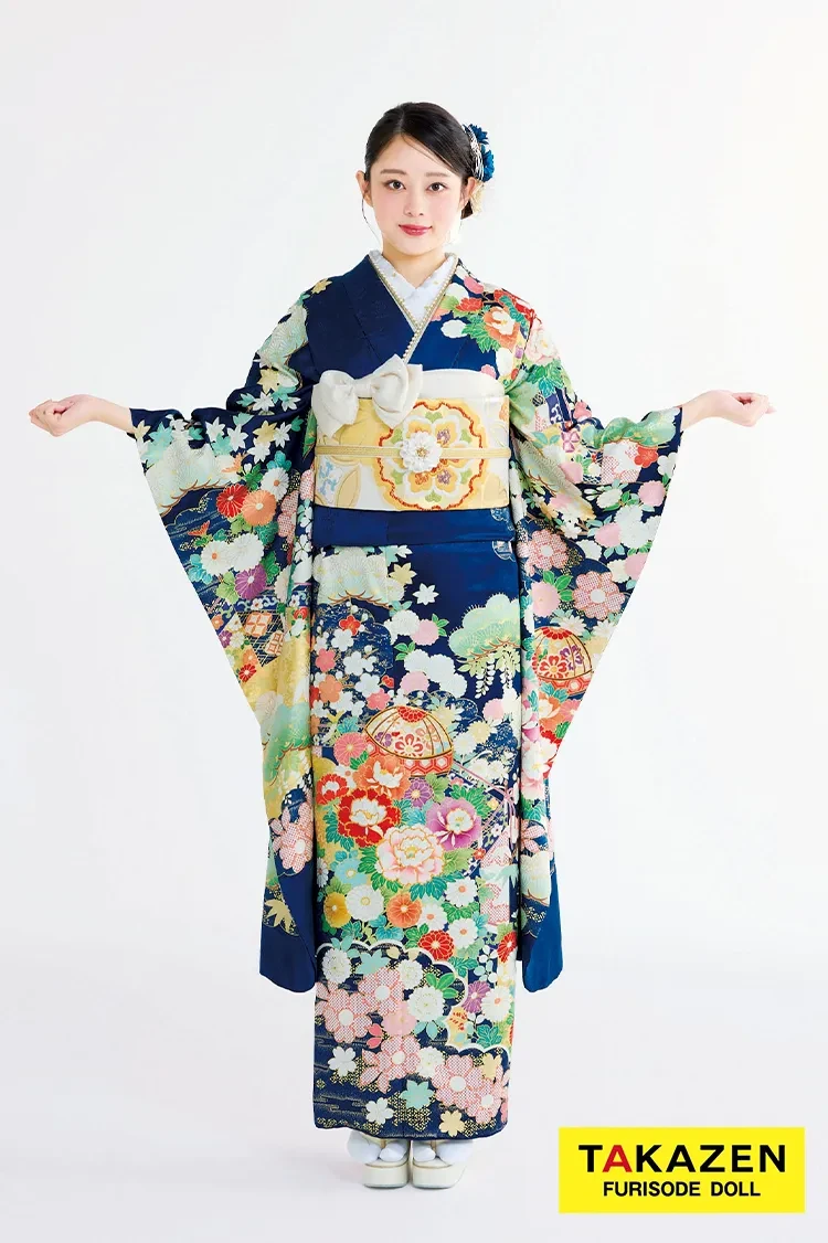 TAKAZENのレンタル振袖 最新作プレミアム古典 紺色/ブルー 吉澤織物 毬柄/牡丹柄 吉祥の晴れ着田中優香の世界 かわいらしい 上品 佐藤不二子【通販可】27039