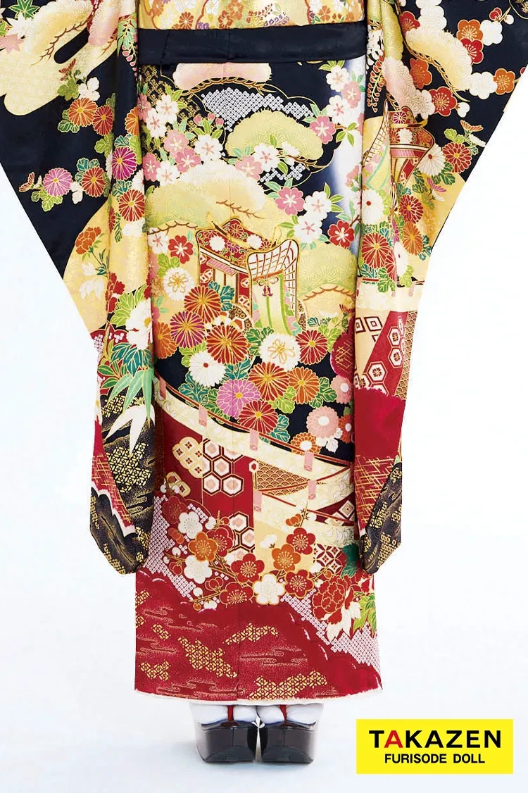 TAKAZENのレンタル振袖 最新作高級古典　黒/赤　御所車/几帳　吉澤織物　『逸品』最高級染繍桶絞り友禅　かっこいい　大人っぽい　綺麗　上品　南琴奈【通販可】27040