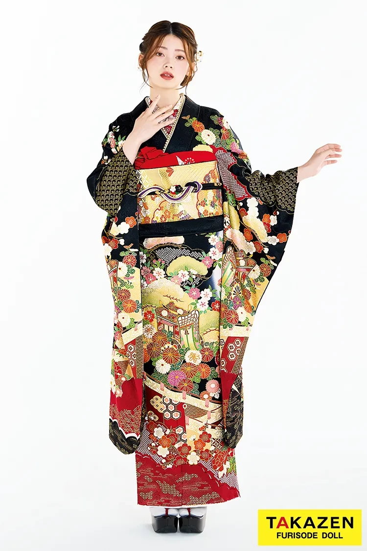 TAKAZENのレンタル振袖 最新作高級古典　黒/赤　御所車/几帳　吉澤織物　『逸品』最高級染繍桶絞り友禅　かっこいい　大人っぽい　綺麗　上品　南琴奈【通販可】27040