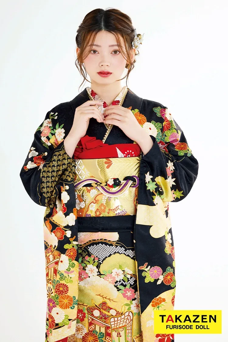 TAKAZENのレンタル振袖 最新作高級古典　黒/赤　御所車/几帳　吉澤織物　『逸品』最高級染繍桶絞り友禅　かっこいい　大人っぽい　綺麗　上品　南琴奈【通販可】27040