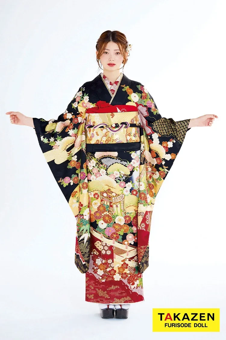 TAKAZENのレンタル振袖 最新作高級古典　黒/赤　御所車/几帳　吉澤織物　『逸品』最高級染繍桶絞り友禅　かっこいい　大人っぽい　綺麗　上品　南琴奈【通販可】27040