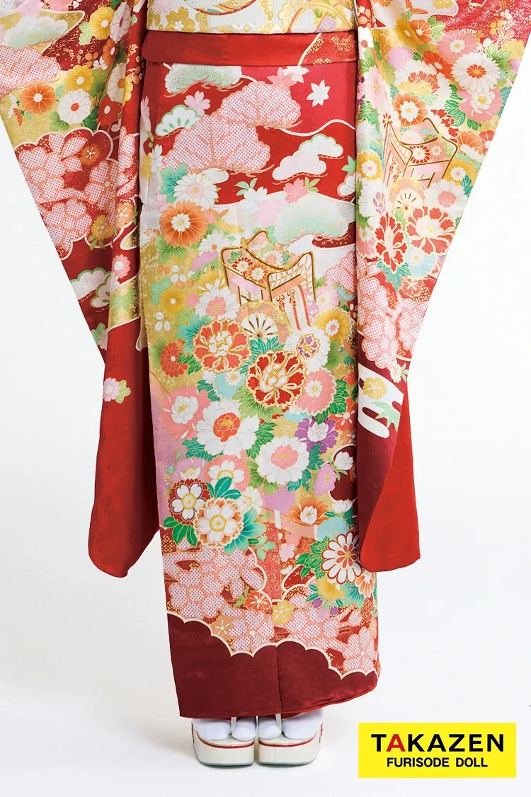 TAKAZENのレンタル振袖 最新作高級古典　赤/赤地　御所車/雲取　吉澤織物　吉祥の晴れ着田中優子の世界　かわいい　はんなり　綺麗　上品　佐藤不二子【通販可】27041