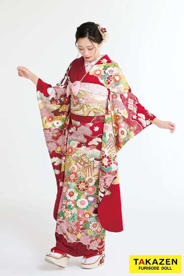 TAKAZENのレンタル振袖 最新作高級古典　赤/赤地　御所車/雲取　吉澤織物　吉祥の晴れ着田中優子の世界　かわいい　はんなり　綺麗　上品　佐藤不二子【通販可】27041