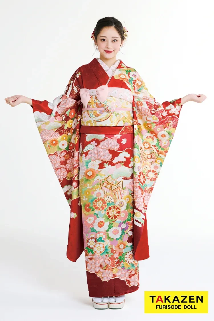 TAKAZENのレンタル振袖 最新作高級古典　赤/赤地　御所車/雲取　吉澤織物　吉祥の晴れ着田中優子の世界　かわいい　はんなり　綺麗　上品　佐藤不二子【通販可】27041