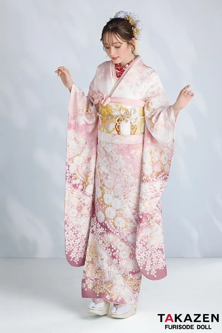 TAKAZENのレンタル振袖 最新作高級古典　ピンク　桜柄　関芳　最高級金彩刺繍絞り友禅　ラメ入り生地　かわいい　煌びやか　綺麗　スワロフスキー付き　周防ジゼル【通販可】27043