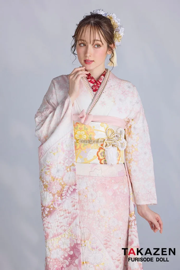 TAKAZENのレンタル振袖 最新作高級古典 ピンク 桜柄 関芳 最高級金彩刺繍絞り友禅 ラメ入り生地 かわいい 煌びやか 綺麗 スワロフスキー付き 周防ジゼル【通販可】27043