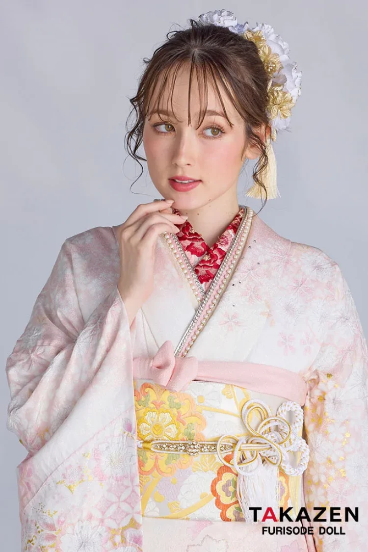 TAKAZENのレンタル振袖 最新作高級古典 ピンク 桜柄 関芳 最高級金彩刺繍絞り友禅 ラメ入り生地 かわいい 煌びやか 綺麗 スワロフスキー付き 周防ジゼル【通販可】27043