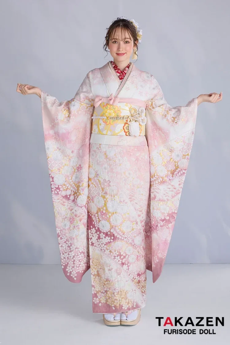 TAKAZENのレンタル振袖 最新作高級古典 ピンク 桜柄 関芳 最高級金彩刺繍絞り友禅 ラメ入り生地 かわいい 煌びやか 綺麗 スワロフスキー付き 周防ジゼル【通販可】27043
