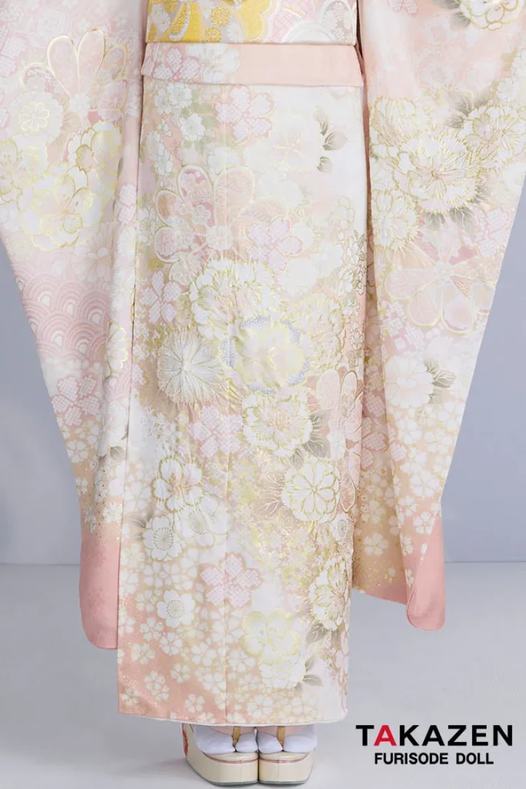 TAKAZENのレンタル振袖 最新作高級古典　サーモンピンク　桜柄/鹿の子模様　関芳　最高級金彩刺繍絞り友禅　華やか　かわいい　綺麗　白宮みずほ【通販可】27044