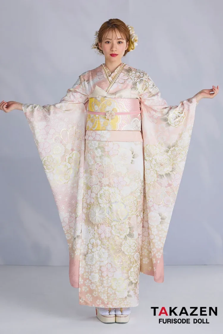 TAKAZENのレンタル振袖 最新作高級古典　サーモンピンク　桜柄/鹿の子模様　関芳　最高級金彩刺繍絞り友禅　華やか　かわいい　綺麗　白宮みずほ【通販可】27044