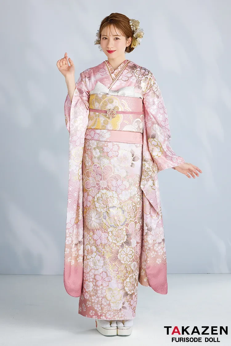TAKAZENのレンタル振袖 最新作高級古典　サーモンピンク　桜柄/鹿の子模様　関芳　最高級金彩刺繍絞り友禅　華やか　かわいい　綺麗　白宮みずほ【通販可】27044