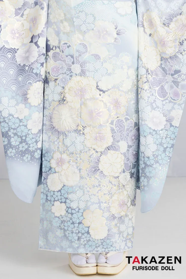 TAKAZENのレンタル振袖 最新作高級古典　水色　桜柄/鹿の子模様　関芳　最高級金彩刺繍絞り友禅　透明感のある振袖　きれいめ　周防ジゼル【通販可】27045