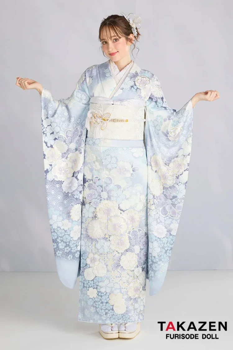 TAKAZENのレンタル振袖 最新作高級古典　水色　桜柄/鹿の子模様　関芳　最高級金彩刺繍絞り友禅　透明感のある振袖　きれいめ　周防ジゼル【通販可】27045