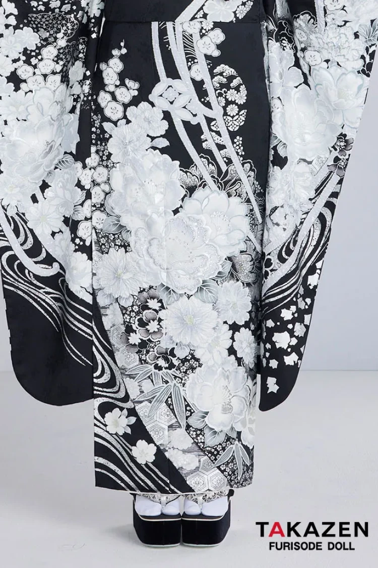 TAKAZENのレンタル振袖 最新作高級古典　黒/白/シルバー　和柄　関芳　最高級金彩刺繍絞り友禅　スワロフスキー付き　キラキラ　かっこいい　大人っぽい　周防ジゼル【通販可】27046
