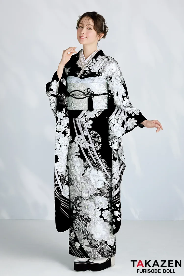 TAKAZENのレンタル振袖 最新作高級古典　黒/白/シルバー　和柄　関芳　最高級金彩刺繍絞り友禅　スワロフスキー付き　キラキラ　かっこいい　大人っぽい　周防ジゼル【通販可】27046