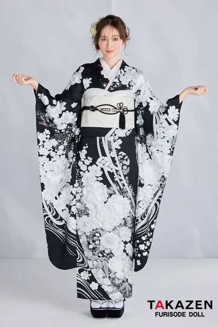 TAKAZENのレンタル振袖 最新作高級古典　黒/白/シルバー　和柄　関芳　最高級金彩刺繍絞り友禅　スワロフスキー付き　キラキラ　かっこいい　大人っぽい　周防ジゼル【通販可】27046