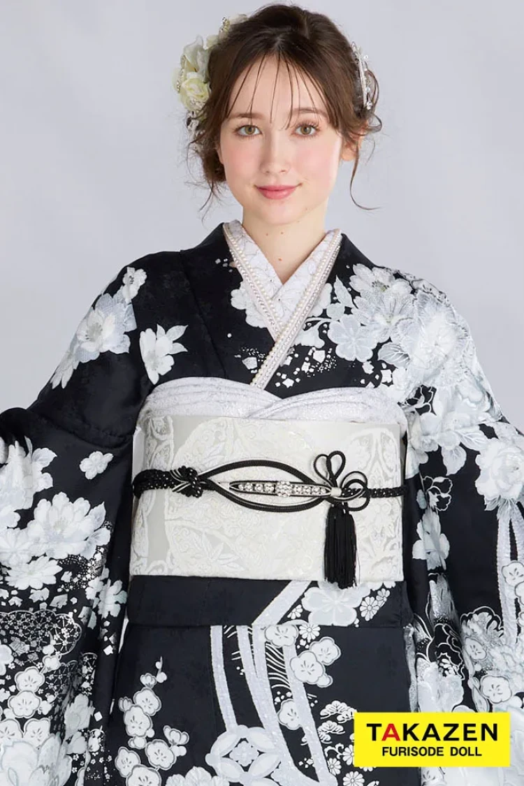 TAKAZENのレンタル振袖 最新作高級古典　黒/白/シルバー　和柄　関芳　最高級金彩刺繍絞り友禅　スワロフスキー付き　キラキラ　かっこいい　大人っぽい　周防ジゼル【通販可】27046
