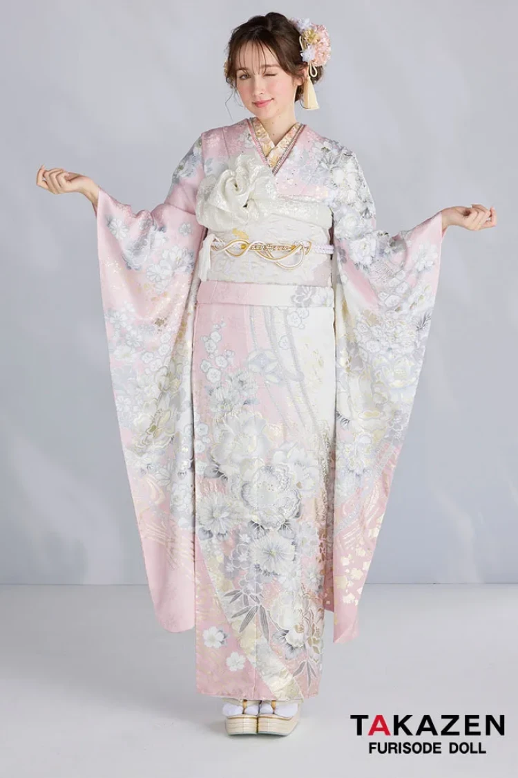 TAKAZENのレンタル振袖 最新作高級古典　ピンク/白　和柄　関芳　最高級金彩刺繍絞り友禅　スワロフスキー付き　キラキラ　かわいい　青みピンク　周防ジゼル【通販可】27047