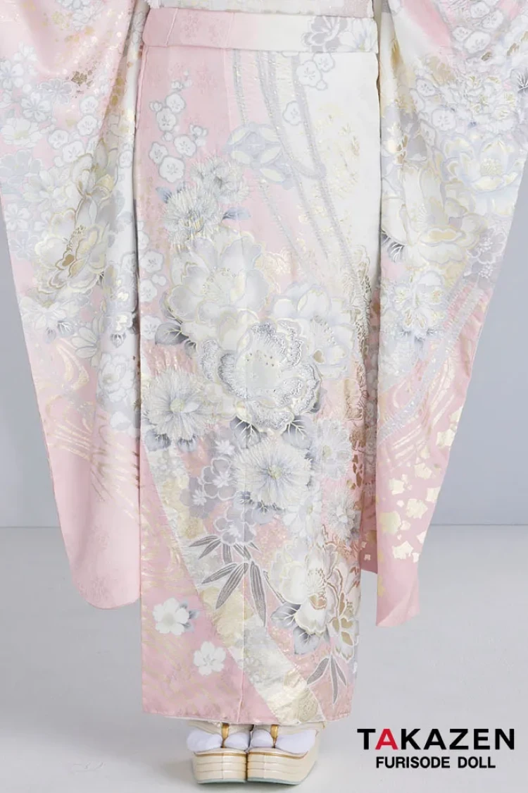 TAKAZENのレンタル振袖 最新作高級古典　ピンク/白　和柄　関芳　最高級金彩刺繍絞り友禅　スワロフスキー付き　キラキラ　かわいい　青みピンク　周防ジゼル【通販可】27047