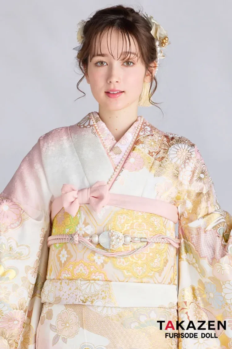 TAKAZENのレンタル振袖 最新作プレミアム古典 ピンク/白 菊柄/鹿の子 関芳 最高級金彩刺繍絞り友禅 はんなり 美しい かわいい 周防ジゼル【通販可】27048