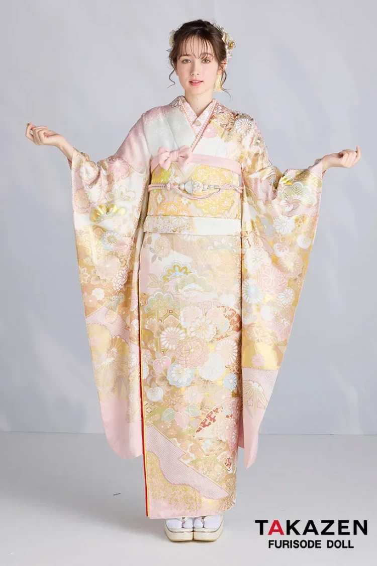 TAKAZENのレンタル振袖 最新作プレミアム古典 ピンク/白 菊柄/鹿の子 関芳 最高級金彩刺繍絞り友禅 はんなり 美しい かわいい 周防ジゼル【通販可】27048