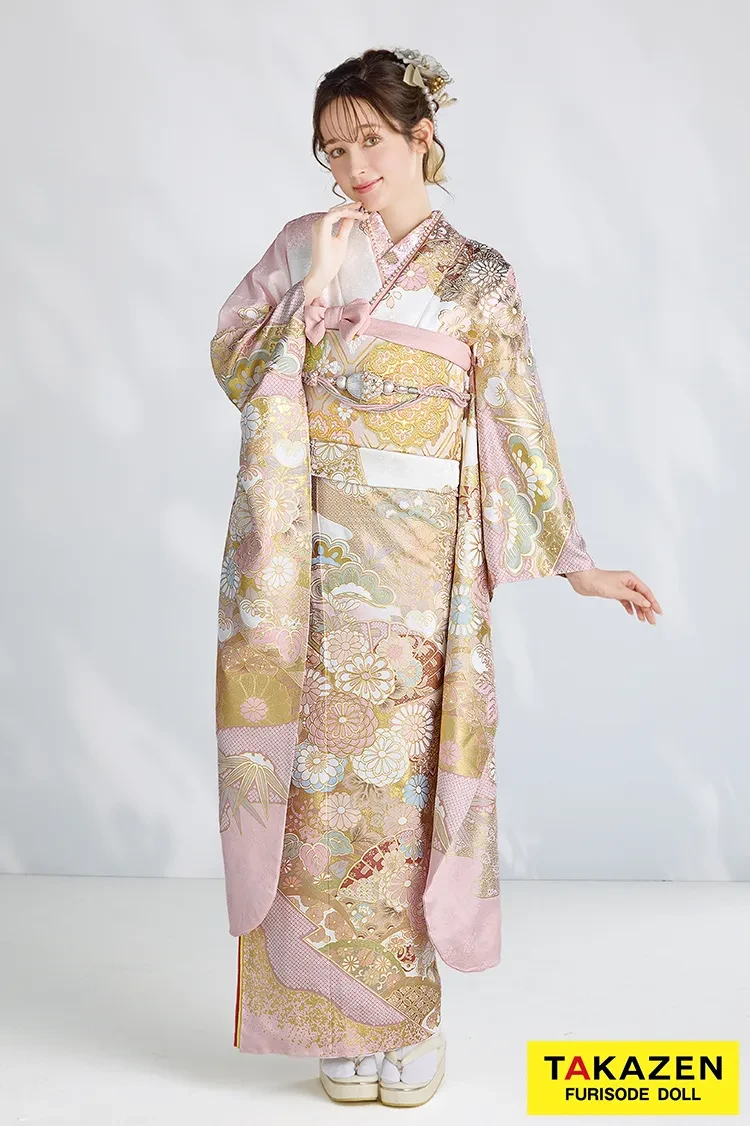 TAKAZENのレンタル振袖 最新作プレミアム古典　ピンク/白　菊柄/鹿の子　関芳　最高級金彩刺繍絞り友禅　はんなり　美しい　かわいい　周防ジゼル【通販可】27048