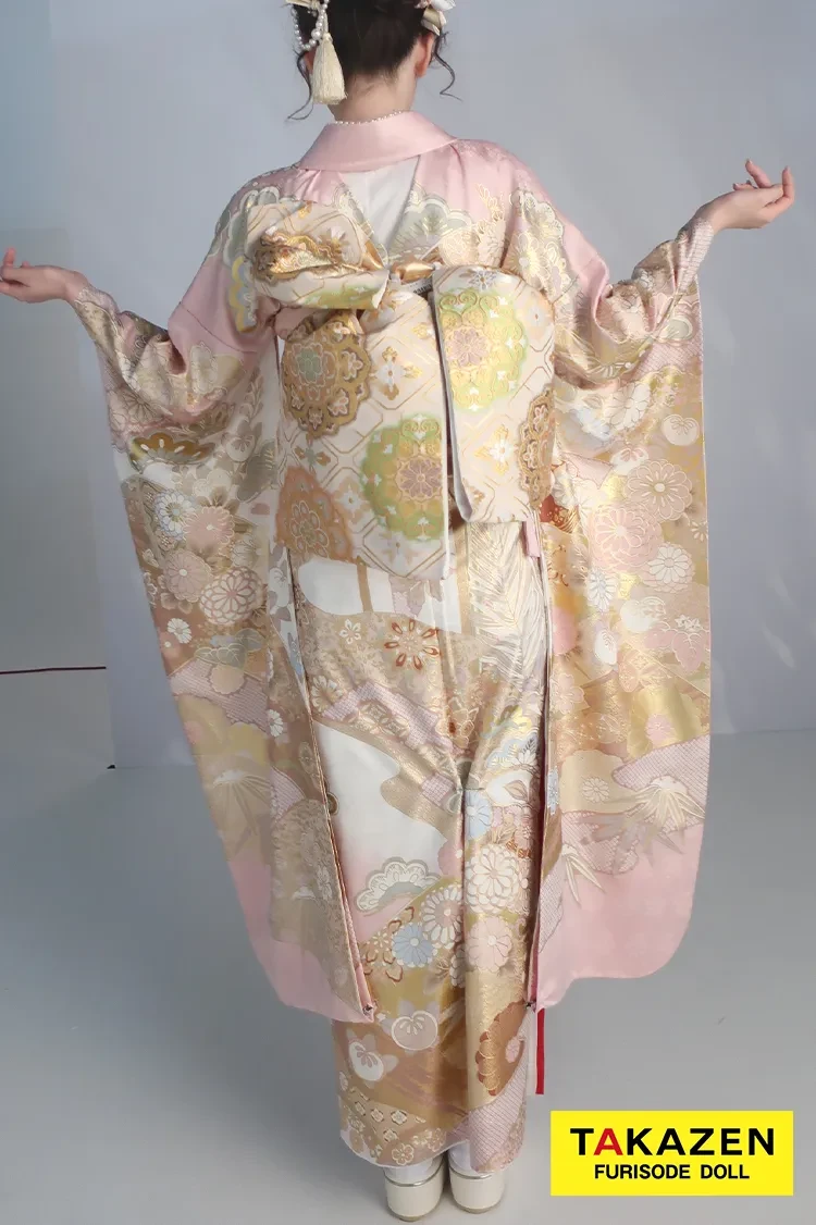 TAKAZENのレンタル振袖 最新作プレミアム古典 ピンク/白 菊柄/鹿の子 関芳 最高級金彩刺繍絞り友禅 はんなり 美しい かわいい 周防ジゼル【通販可】27048