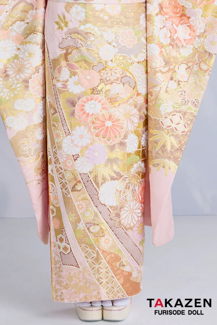 TAKAZENのレンタル振袖 最新作プレミアム古典　ピンク/白　毬柄/鹿の子　関芳　最高級金彩刺繍絞り友禅　かわいらしい　タカゼンオリジナル　白宮みずほ【通販可】27049