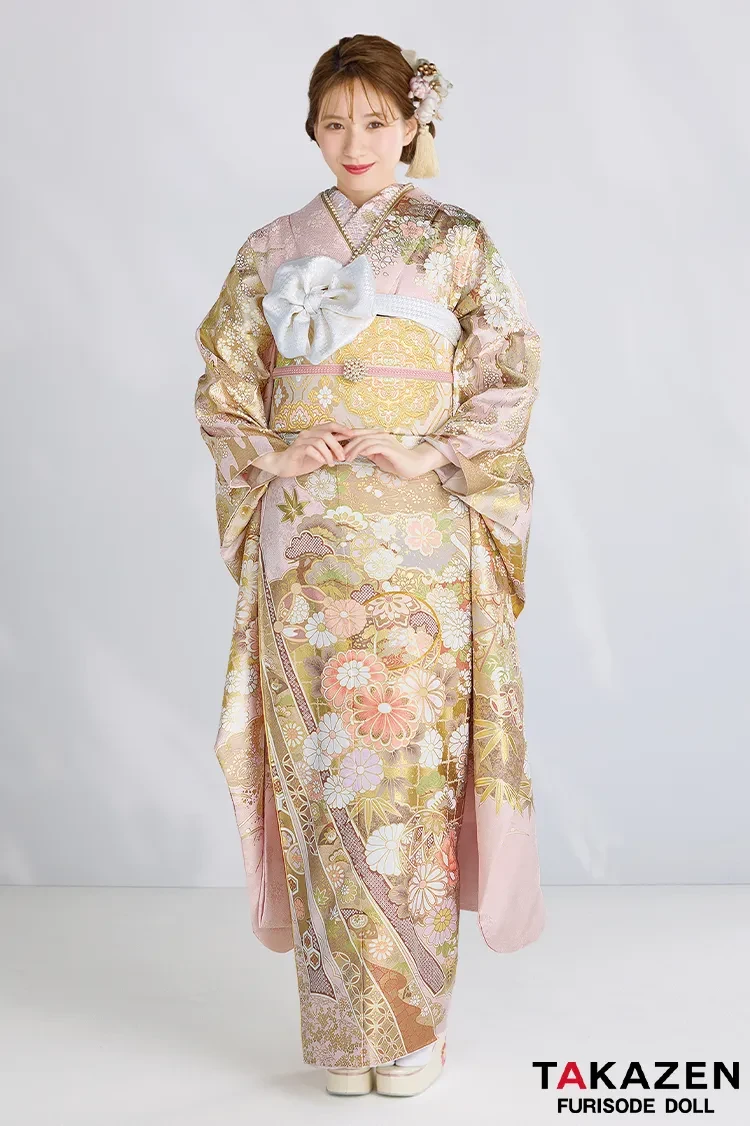 TAKAZENのレンタル振袖 最新作プレミアム古典　ピンク/白　毬柄/鹿の子　関芳　最高級金彩刺繍絞り友禅　かわいらしい　タカゼンオリジナル　白宮みずほ【通販可】27049