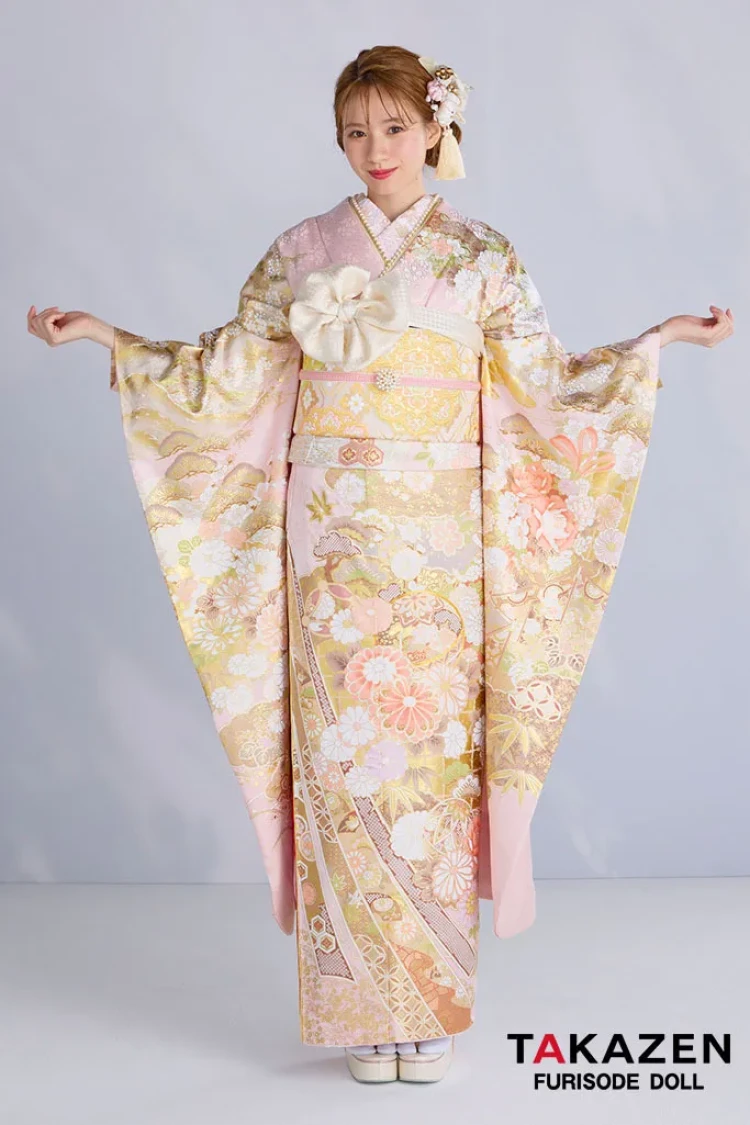 TAKAZENのレンタル振袖 最新作プレミアム古典　ピンク/白　毬柄/鹿の子　関芳　最高級金彩刺繍絞り友禅　かわいらしい　タカゼンオリジナル　白宮みずほ【通販可】27049