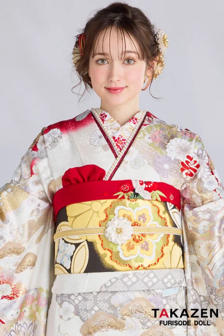 TAKAZENのレンタル振袖 最新作プレミアム古典 白地/赤 関芳 最高級金彩刺繍絞り友禅 かっこいい 大人っぽい タカゼンオリジナル 周防ジゼル【通販可】27050