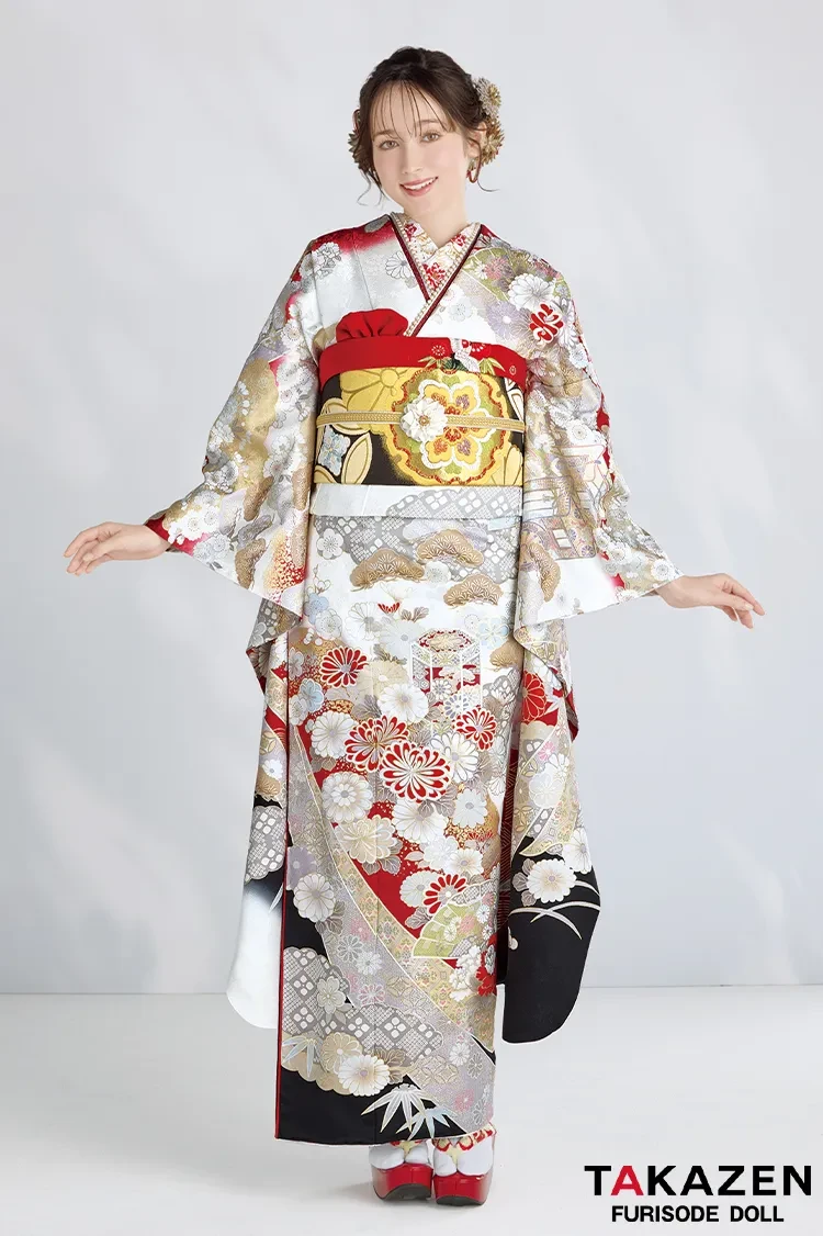 TAKAZENのレンタル振袖 最新作プレミアム古典　白地/赤　　関芳　最高級金彩刺繍絞り友禅　かっこいい　大人っぽい　タカゼンオリジナル　周防ジゼル【通販可】27050
