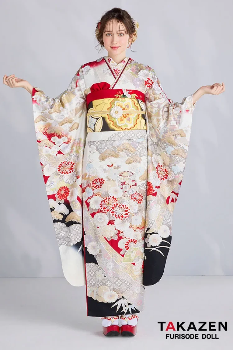 TAKAZENのレンタル振袖 最新作プレミアム古典 白地/赤 関芳 最高級金彩刺繍絞り友禅 かっこいい 大人っぽい タカゼンオリジナル 周防ジゼル【通販可】27050