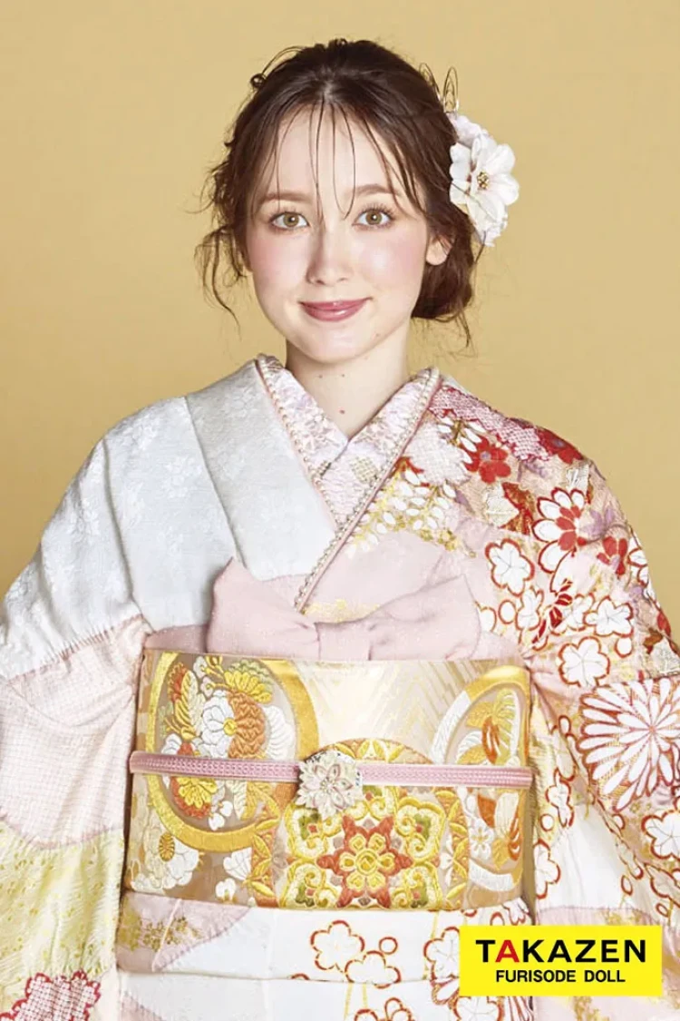TAKAZENのレンタル振袖 最新作プレミアム古典 白地/ピンク 滝泰 最高級金彩刺繍絞り友禅 きれいめ かわいい 上品 清楚 周防ジゼル【通販可】27052