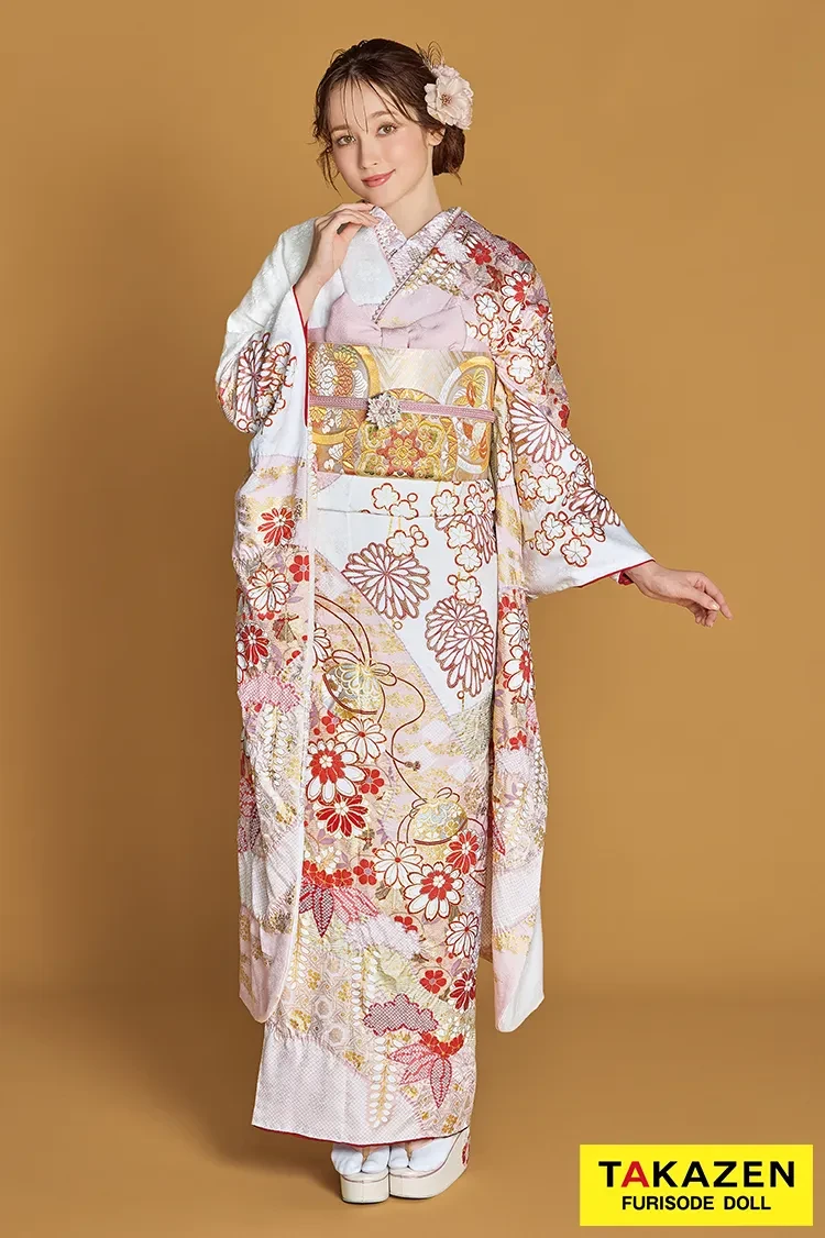 TAKAZENのレンタル振袖 最新作プレミアム古典　白地/ピンク　滝泰　最高級金彩刺繍絞り友禅　きれいめ　かわいい　上品　清楚　周防ジゼル【通販可】27052