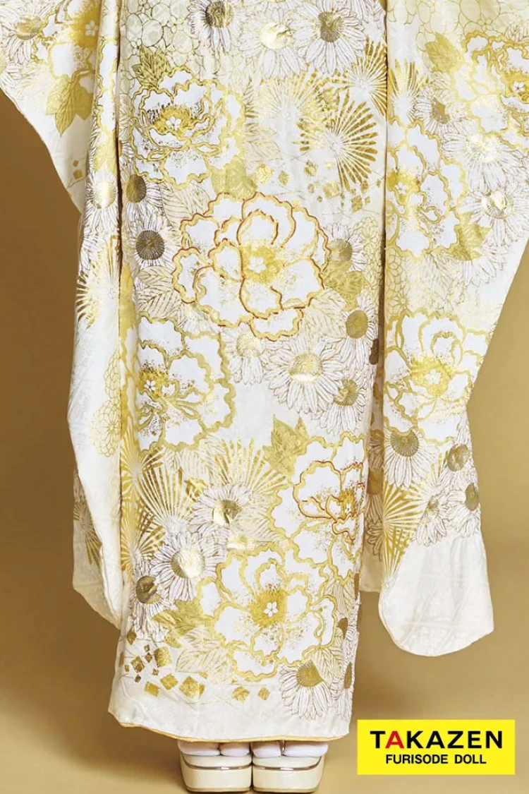 TAKAZENのレンタル振袖 最新作プレミアム古典　白金/白地　滝泰　最高級金彩刺繍絞り友禅　牡丹柄　きれいめ　かわいい　上品　清楚　白宮みずほ【通販可】27053