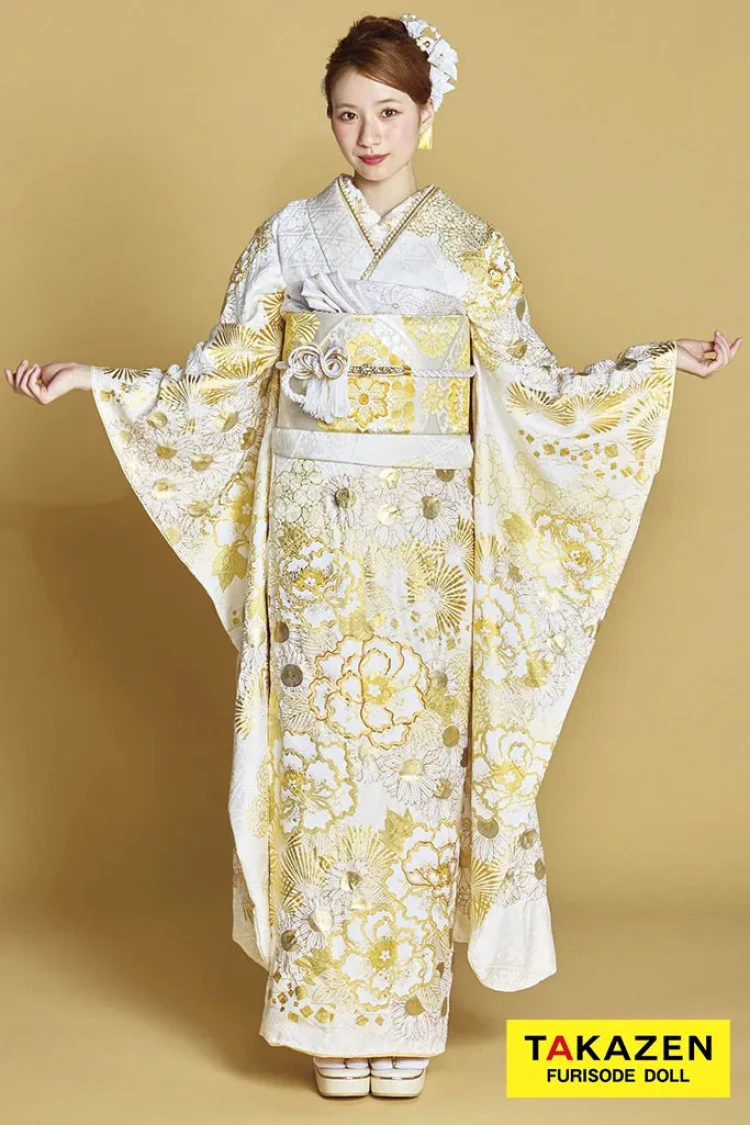 TAKAZENのレンタル振袖 最新作プレミアム古典　白金/白地　滝泰　最高級金彩刺繍絞り友禅　牡丹柄　きれいめ　かわいい　上品　清楚　白宮みずほ【通販可】27053