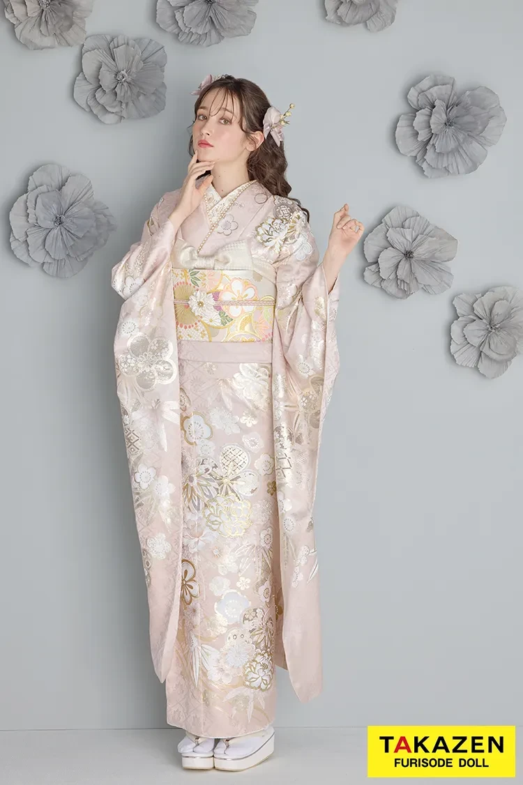 TAKAZENのレンタル振袖 最新作くすみカラー古典 ピンク淡い色 桜柄 かわいい 清楚 上品 今どき トレンド 周防ジゼル【通販可】27055