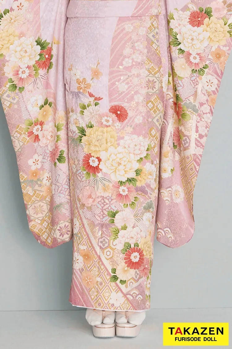 TAKAZENのレンタル振袖 最新作くすみカラー古典　ピンク　牡丹柄　かわいい　はんなり　イマドキ　上品　佐藤不二子【通販可】27057
