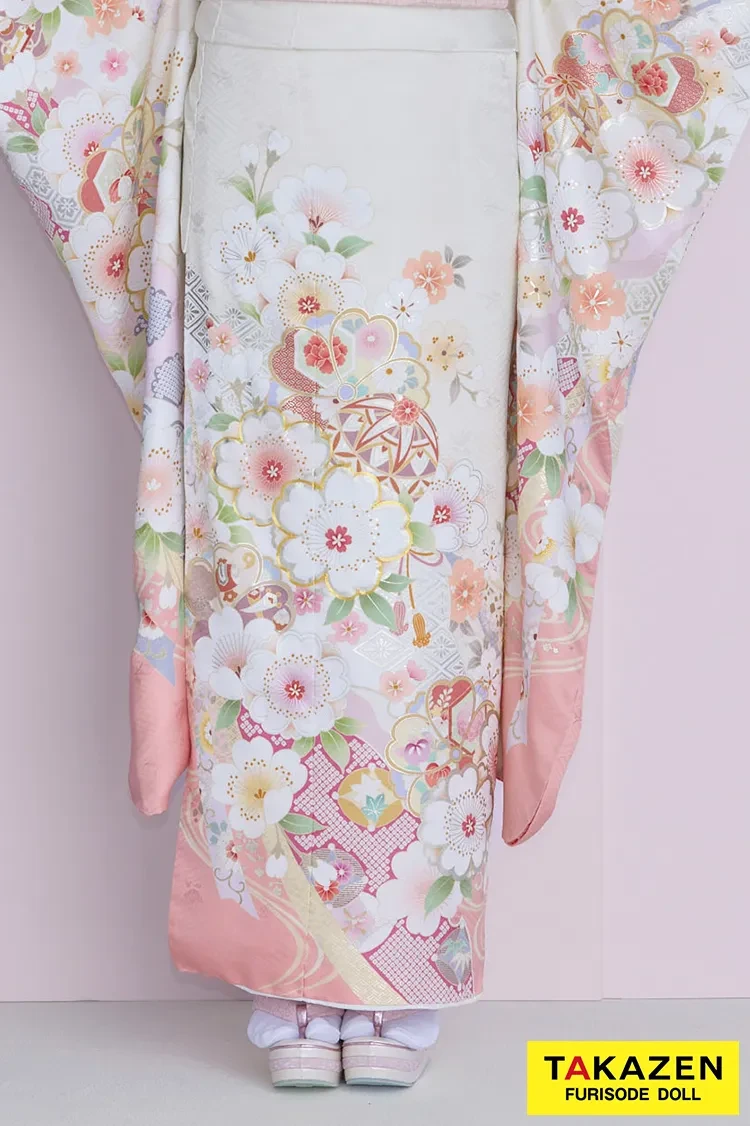 TAKAZENのレンタル振袖 最新作くすみカラーガーリー ピンク 古典柄 かわいい おしゃれ トレンド レース小物コーデ 佐藤不二子【通販可】27058