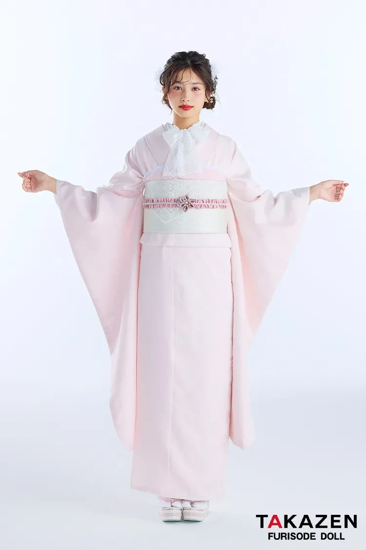 TAKAZENのレンタル振袖 最新作ヴィンテージスタイル　ピンク/淡い色　シンプル　かわいい　すっきり　フロッキー生地　谷田ラナ【通販可】27062