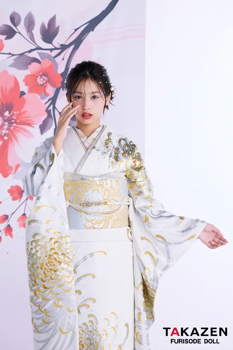 TAKAZENのレンタル振袖 最新作粋古典　白金　乱菊柄/大柄　最高級金彩刺繍友禅　かっこいい　きれいめ　シンプル　大人っぽい　スワロフスキー付き　タカゼンオリジナル　谷田ラナ【通販可】27065