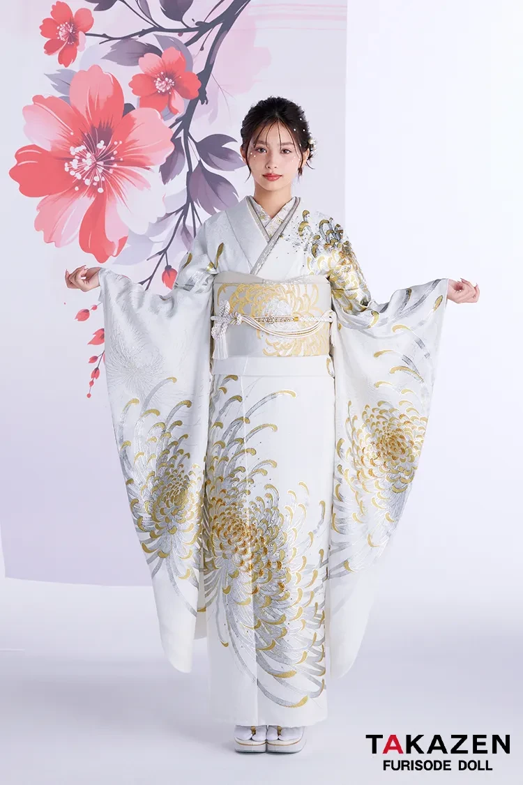 TAKAZENのレンタル振袖 最新作粋古典　白金　乱菊柄/大柄　最高級金彩刺繍友禅　かっこいい　きれいめ　シンプル　大人っぽい　スワロフスキー付き　タカゼンオリジナル　谷田ラナ【通販可】27065