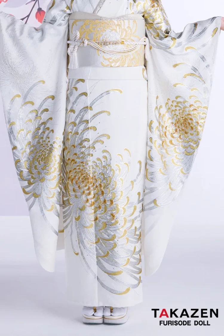 TAKAZENのレンタル振袖 最新作粋古典　白金　乱菊柄/大柄　最高級金彩刺繍友禅　かっこいい　きれいめ　シンプル　大人っぽい　スワロフスキー付き　タカゼンオリジナル　谷田ラナ【通販可】27065